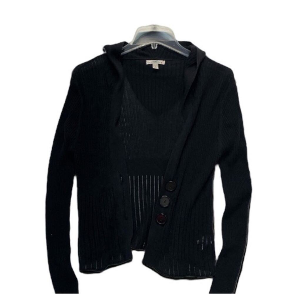 SO Black Ribbed Sheer Hooded Cardigan Cropped Button Front Grunge Goth L Y2K